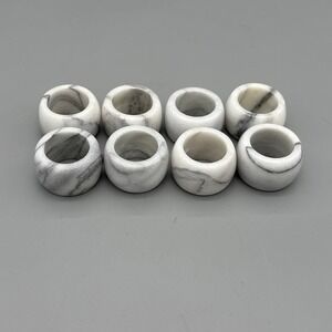 Vintage Napkin Holder Rings Marble Polished Stone White & Gray Set of 8